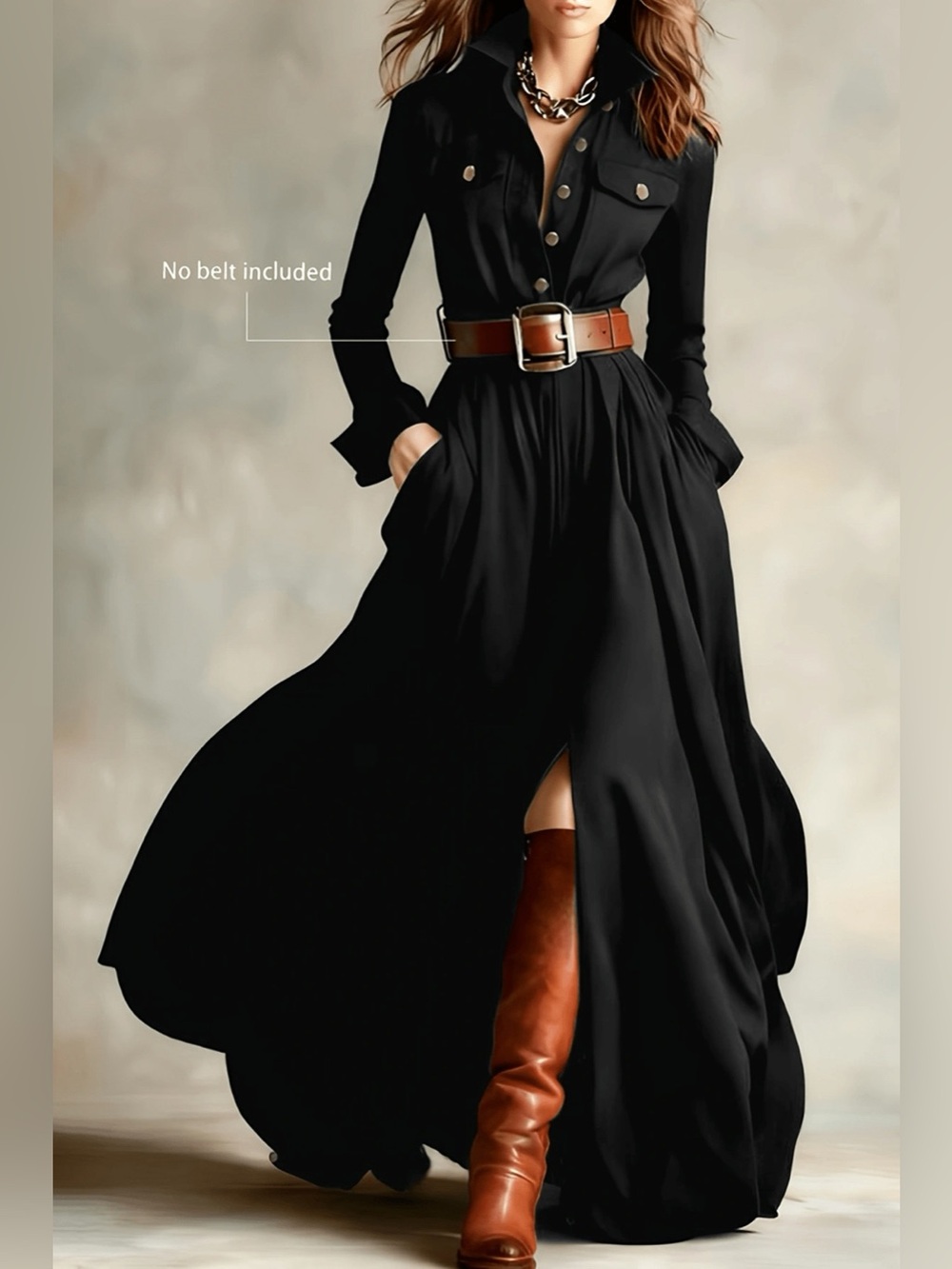 Slit Long Sleeve Maxi Shirt Dress